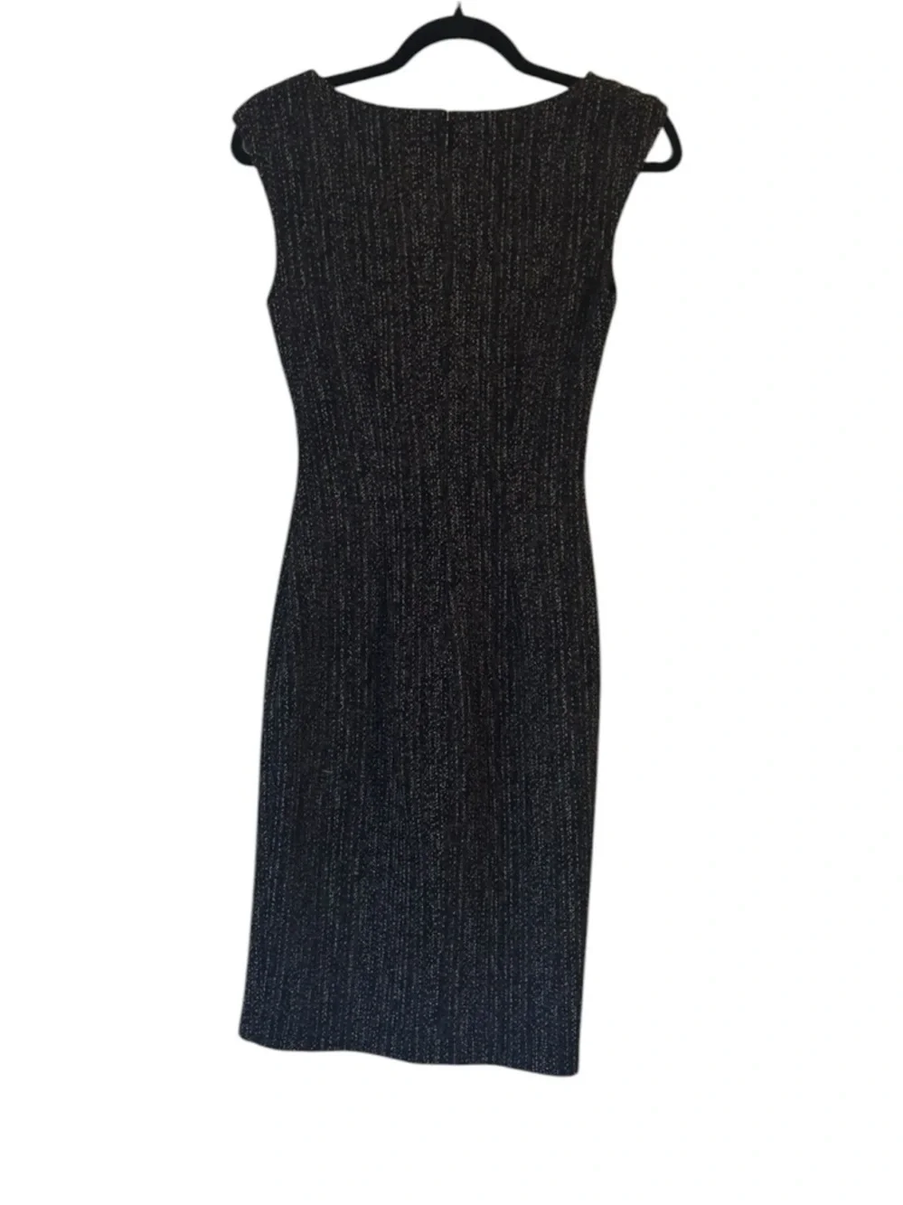 Sleeveless Le Chateau Ponte Knit Sheath Dress with Assymmetrical Neckline - Picture 2 of 7